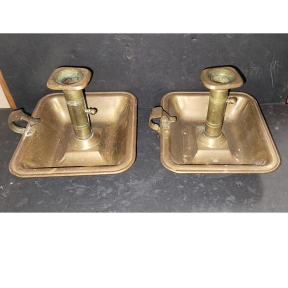 PAIR Beautiful Antique Brass Candle Holder With Wax Reservoir and handle Push Up